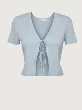 Oak and Fort Tie-Front Short Sleeve Ribbed Top - Light Blue